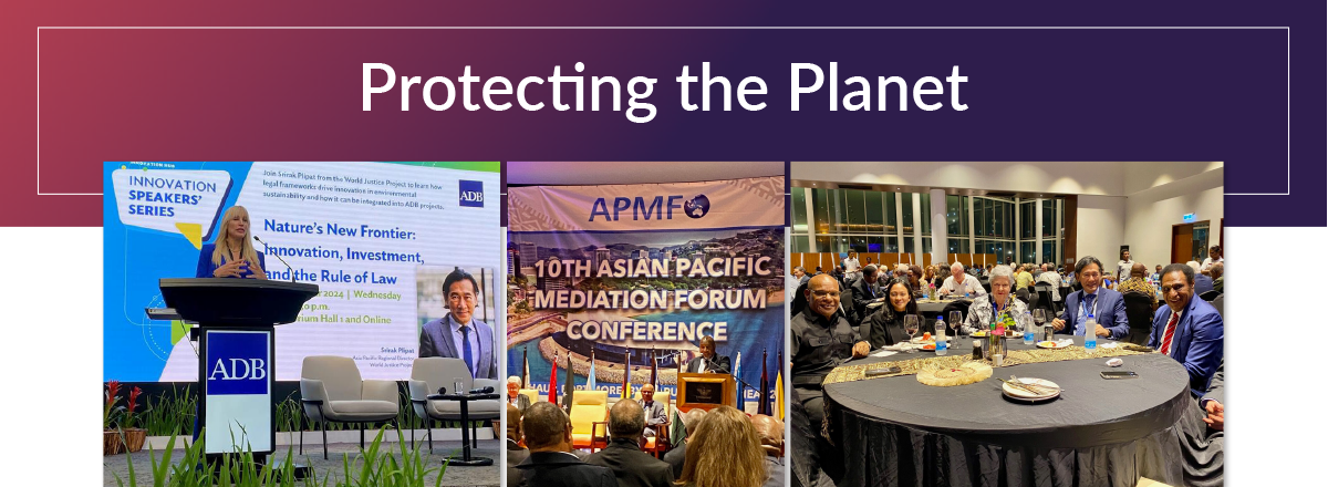 Graphic titled 'Protecting the Planet' with a gradient purple background. Includes three visuals: (1) a speaker presenting at the 'Innovation Speakers’ Series' hosted by ADB, discussing 'Nature’s New Frontier: Innovation, Investment, and the Rule of Law,' (2) a panel discussion at the '10th Asian Pacific Mediation Forum Conference' with a banner in the background, and (3) a group seated at a formal dinner event featuring round tables and attendees in business attire.