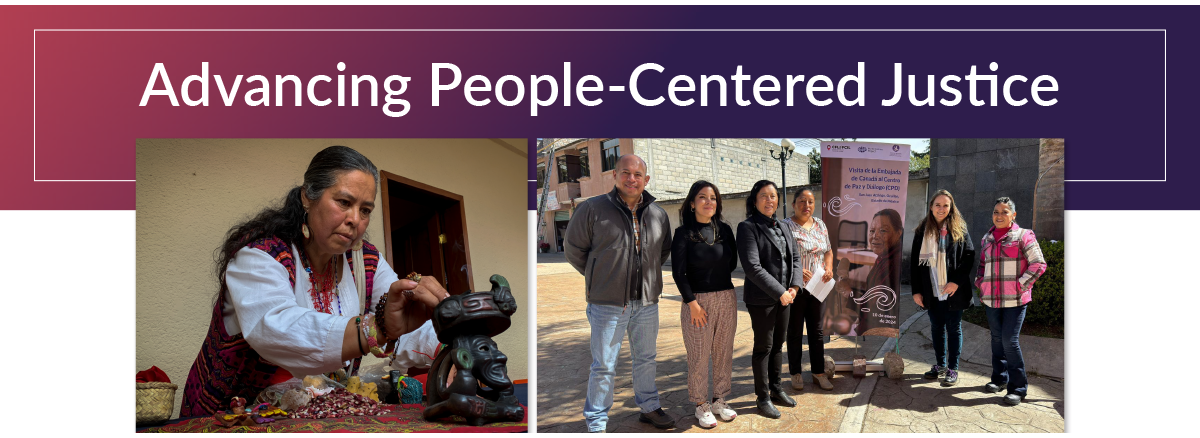 Graphic titled 'Advancing People-Centered Justice' with a gradient purple background. Includes two visuals: (1) a close-up of a woman engaging in a traditional craft or cultural activity, and (2) a group photo of community members standing outdoors next to a banner promoting justice initiatives.